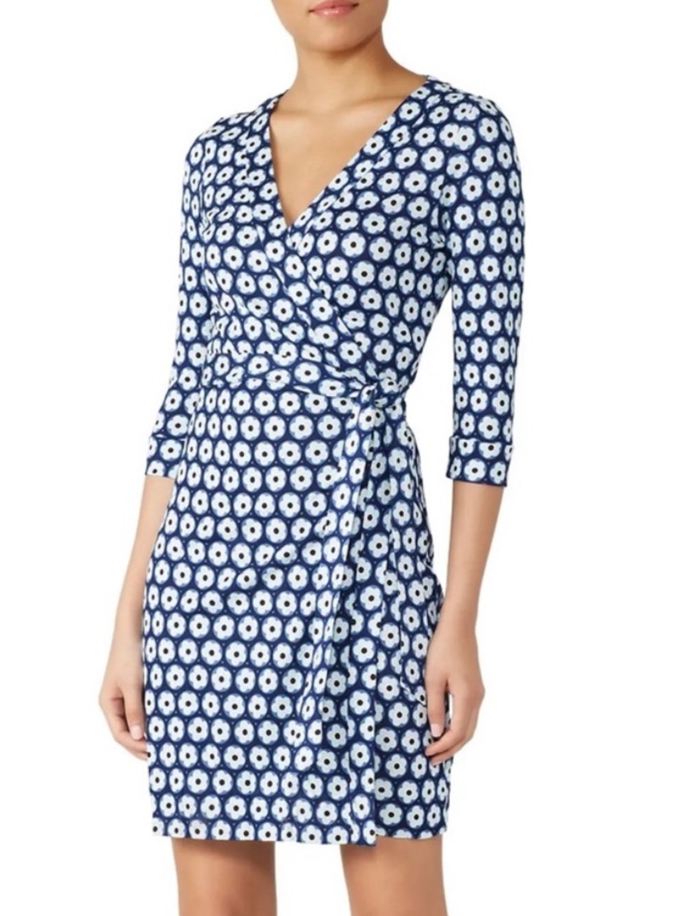 Diane Von Furstenberg Julian Silk  Blue and Black Mini Wrap Dress Size 8